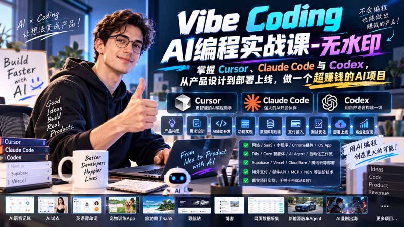 Vibe Coding AI编程实战课-无水印：掌握Cursor、Claude Code与Codex，从产品设计到部署上线，做一个超赚钱的AI项目-玻哥网络技术工作室