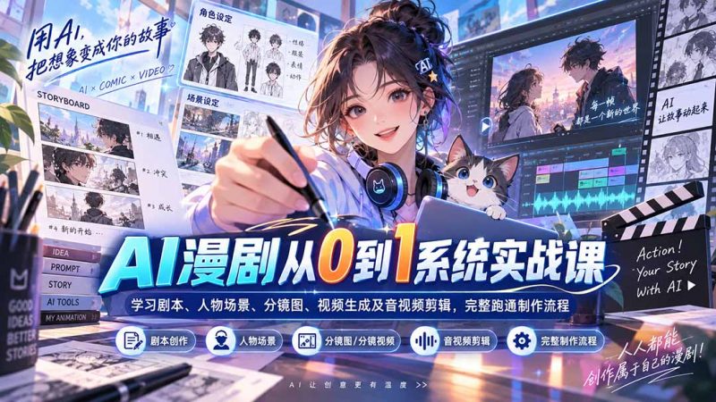 AI漫剧从0到1系统实战课：学习剧本、人物场景、分镜图、视频生成及音视频剪辑，完整跑通制作流程-玻哥网络技术工作室