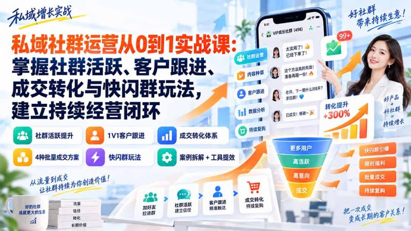 私域社群运营从0到1实战课：掌握社群活跃、客户跟进、成交转化与快闪群玩法，建立持续经营闭环-玻哥网络技术工作室