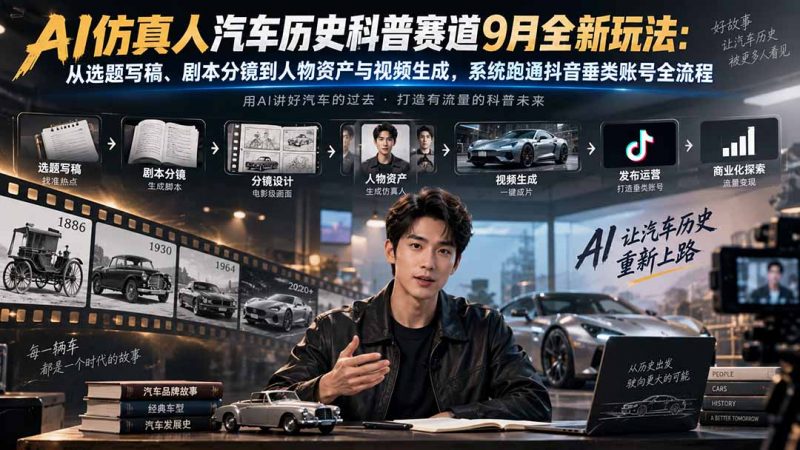 AI仿真人汽车历史科普赛道9月全新玩法：从选题写稿、剧本分镜到人物资产与视频生成，系统跑通抖音垂类账号全流程-玻哥网络技术工作室