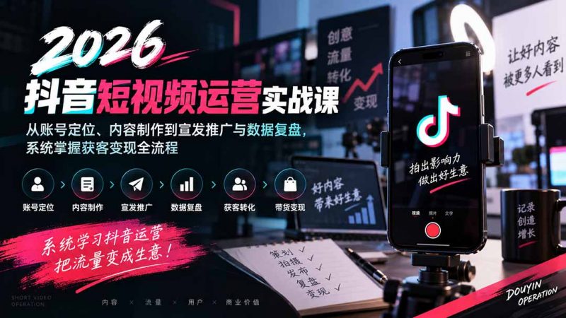 2026抖音短视频运营实战课：从账号定位、内容制作到宣发推广与数据复盘，系统掌握获客变现全流程-玻哥网络技术工作室