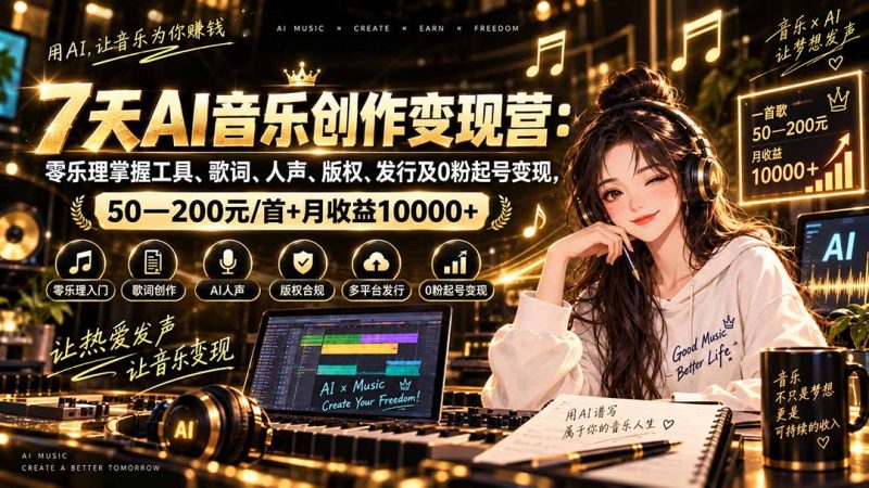 AI音乐创作变现营：零乐理掌握工具、歌词、人声、版权、发行及0粉起号变现，50—200元/首+月收益10000+-玻哥网络技术工作室