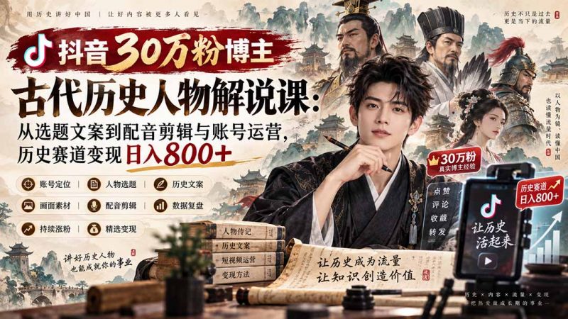 抖音30万粉博主古代历史人物解说课：从选题文案到配音剪辑与账号运营，历史赛道变现日入800+-玻哥网络技术工作室