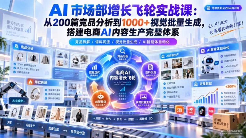 AI 市场部增长飞轮实战课：从200篇竞品分析到1000+视觉批量生成，搭建电商AI内容生产完整体系-玻哥网络技术工作室