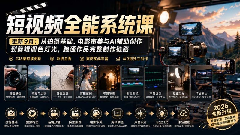 短视频全能系统课-9月完整版：从拍摄基础、电影审美与AI辅助创作到剪辑调色灯光，跑通作品完整制作链路-玻哥网络技术工作室
