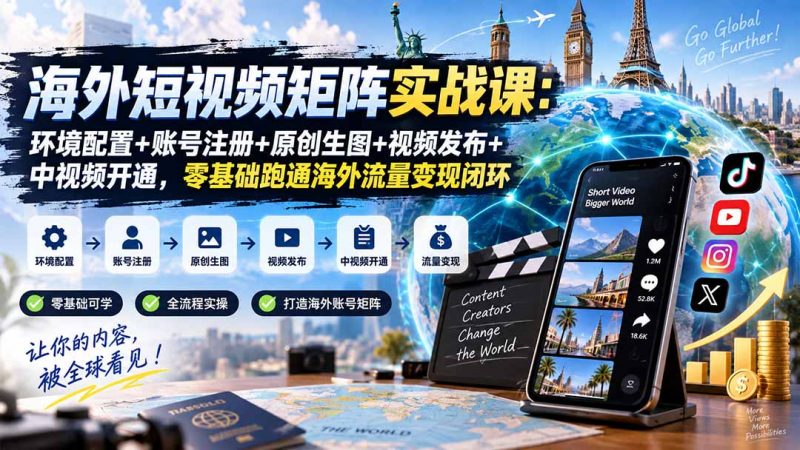 海外短视频矩阵实战课：环境配置+账号注册+原创生图+视频发布+中视频开通，零基础跑通海外流量变现闭环-玻哥网络技术工作室