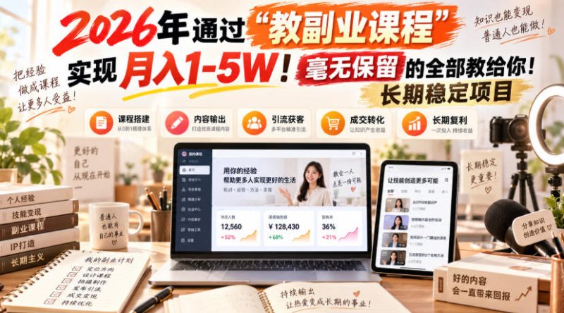 2026年通过“教副业课程”实现月入1-5W！毫无保留的全部教给你！长期稳定项目-玻哥网络技术工作室