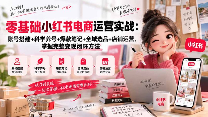 零基础小红书电商运营实战：账号搭建+科学养号+爆款笔记+全域选品+店铺运营，掌握完整变现闭环方法-玻哥网络技术工作室