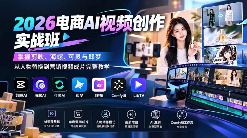 2026电商AI视频创作实战班：掌握剪映、海螺、可灵与即梦，从人物替换到营销视频成片完整教学-玻哥网络技术工作室