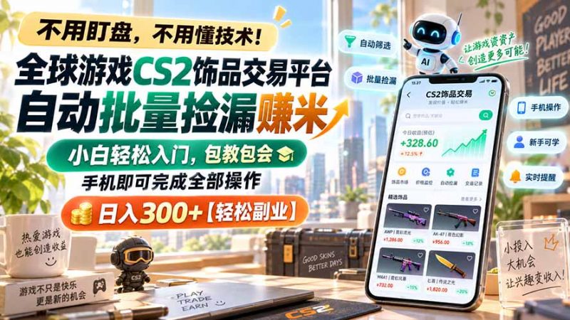全球游戏CS2饰品交易平台自动批量捡漏赚米，小白轻松入门，包教包会，手机即可完成全部操作，日入300+【轻松副业】-玻哥网络技术工作室