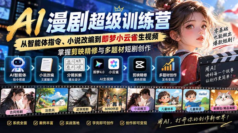 AI漫剧超级特训营：从智能体指令、小说改编到即梦小云雀生视频，掌握剪映精修与多题材短剧创作-玻哥网络技术工作室