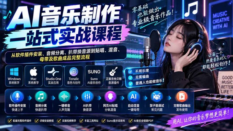 AI音乐制作一站式实战课程：从软件插件安装、音频分离、扒带换音源到贴唱、混音、母带及歌曲成品完整流程-玻哥网络技术工作室