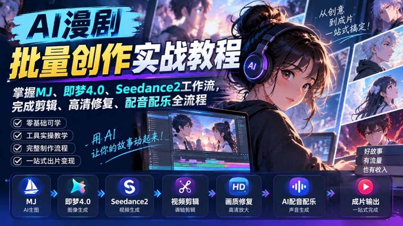 AI漫剧批量创作实战教程：掌握MJ、即梦4.0、Seedance2工作流，完成剪辑、高清修复、配音配乐全流程-玻哥网络技术工作室