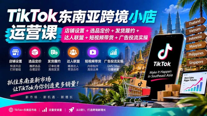 TikTok东南亚跨境小店运营课：店铺设置+选品定价+发货履约+达人联盟+短视频带货+广告投流实操-玻哥网络技术工作室