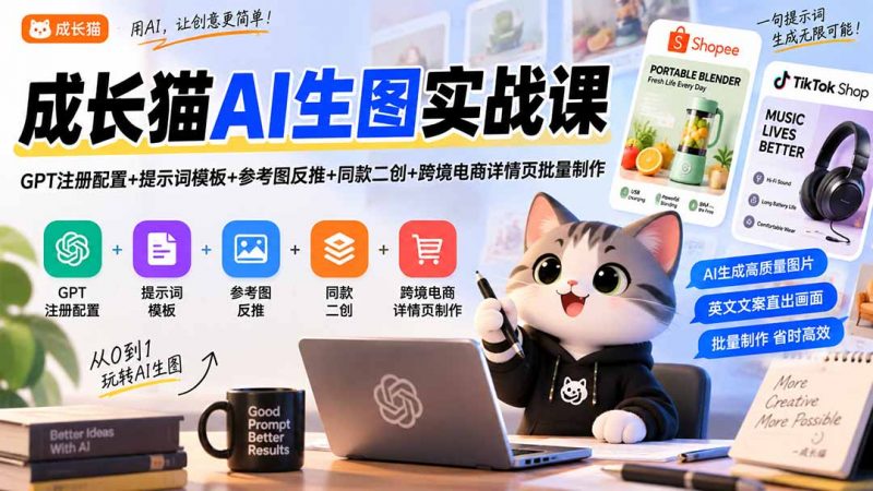 成长猫AI生图实战课｜GPT注册配置+提示词模板+参考图反推+同款二创+跨境电商详情页批量制作-玻哥网络技术工作室