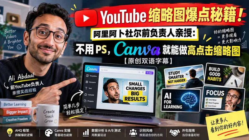 YouTube 缩略图爆点秘籍！阿里阿卜杜尔前负责人亲授：不用 PS，Canva 就能做高点击缩略图【原创双语字幕】-玻哥网络技术工作室