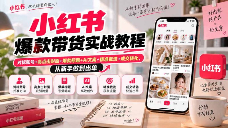 小红书爆款带货实战教程｜对标账号+高点击封面+爆款标题+AI文案+精准截流+成交转化，从新手做到出单-玻哥网络技术工作室