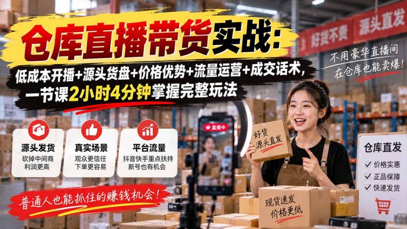仓库直播带货实战：低成本开播+源头货盘+价格优势+流量运营+成交话术，一节课2小时4分钟掌握完整玩法-玻哥网络技术工作室
