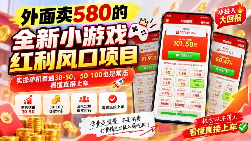 外面卖580的全新小游戏红利风口已炸场，实操单机普遍30-50，50-100也是常态，看懂直接上车-玻哥网络技术工作室