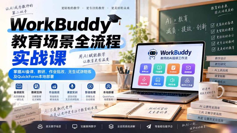 WorkBuddy教育场景全流程实战课：掌握AI备课、教研、作业批改、无生试讲陪练及QuickForm本地部署-玻哥网络技术工作室