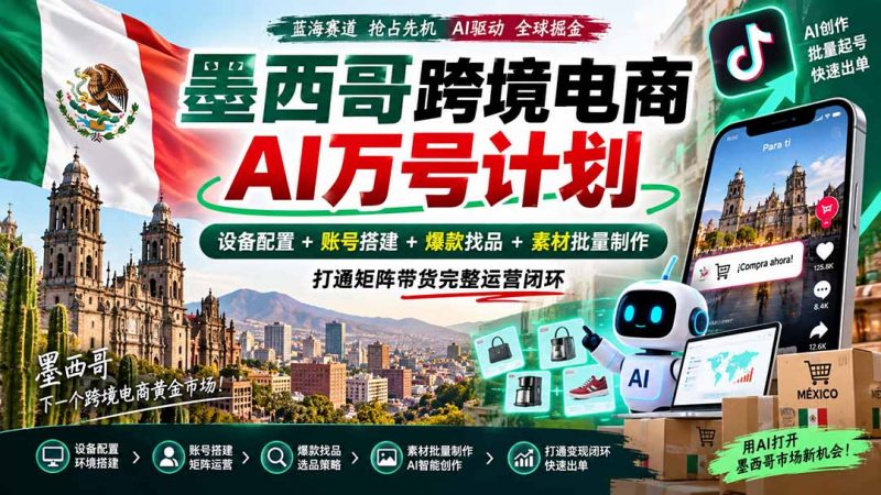 墨西哥AI跨境电商万号计划｜设备配置+账号搭建+爆款找品+素材批量制作，打通矩阵带货完整运营闭环-玻哥网络技术工作室