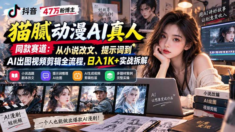 抖音47万粉博主猫腻动漫AI真人同款赛道：从小说改文、提示词到AI出图视频剪辑全流程，日入1K+实战拆解-玻哥网络技术工作室