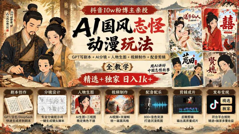 抖音10w粉博主亲授AI国风志怪动漫玩法｜GPT写剧本+AI分镜+人物生图+视频制作+配音剪辑全教学｜精选+独家日入1k+-玻哥网络技术工作室