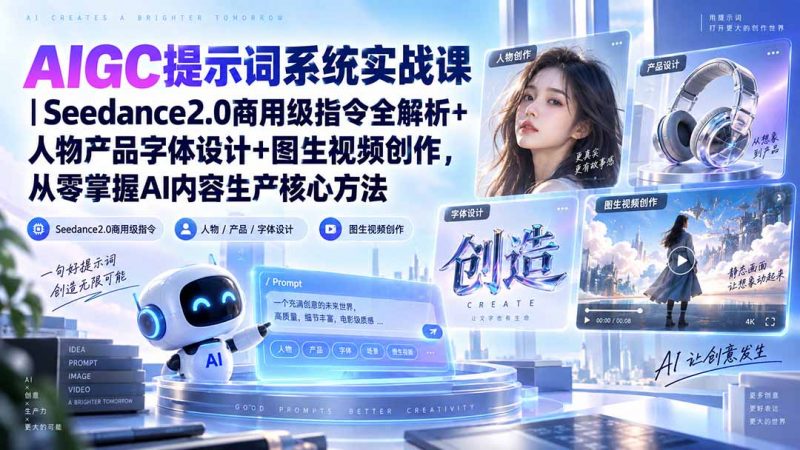 AIGC提示词系统实战课-无水印｜Seedance2.0商用级指令全解析+人物产品字体设计+图生视频创作，掌握AI内容生产方法-玻哥网络技术工作室