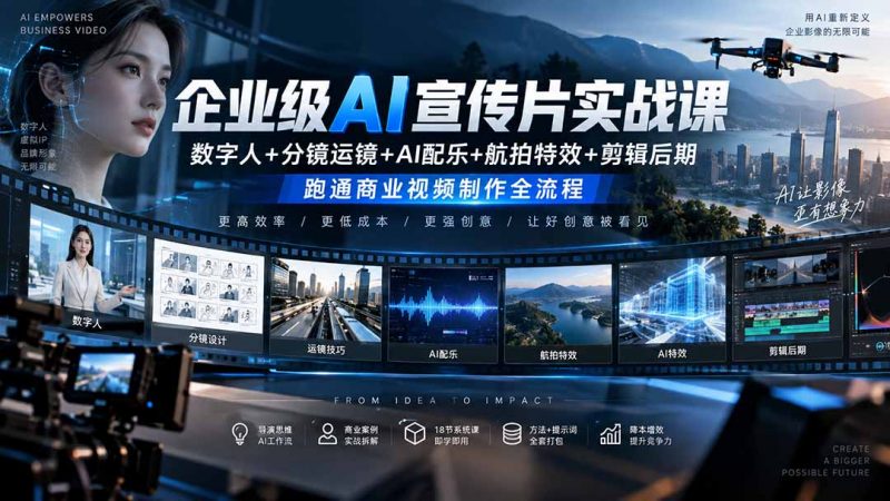 企业级AI宣传片实战课｜数字人+分镜运镜+AI配乐+航拍特效+剪辑后期，跑通商业视频制作全流程-玻哥网络技术工作室