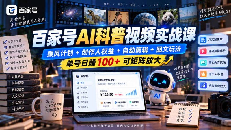 百家号AI科普视频实战课：乘风计划+创作人权益+自动剪辑+图文玩法，单号日赚100+可矩阵放大-玻哥网络技术工作室
