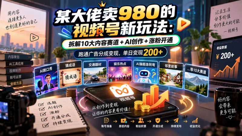 某大佬卖980的视频号新玩法：拆解10大内容赛道+AI创作+涨粉开通，跑通广告分成变现，单日变现200+-玻哥网络技术工作室