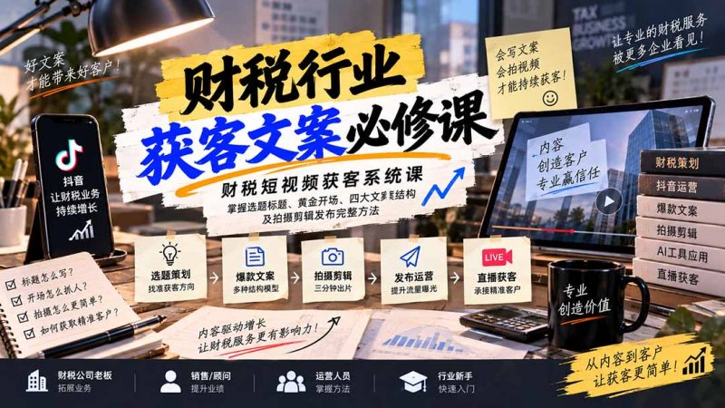 财税短视频获客系统课：掌握选题标题、黄金开场、四大文案结构及拍摄剪辑发布完整方法-玻哥网络技术工作室
