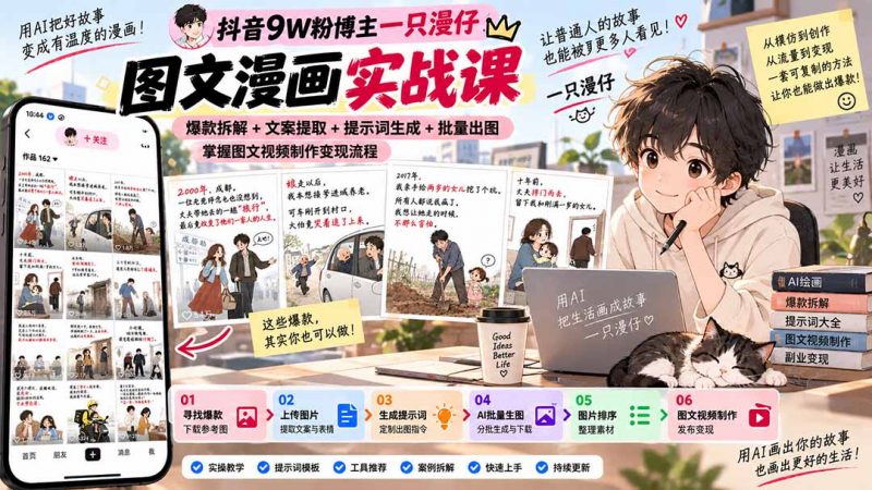 抖音9W粉博主一只漫仔图文漫画课：爆款拆解+文案提取+提示词生成+批量出图，掌握图文视频制作变现流程-玻哥网络技术工作室