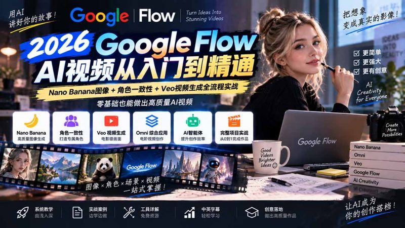 【无水印】Google Flow AI视频从入门到精通：Nano Banana图像+角色一致性+Veo视频生成全流程实战-精翻中英字幕-玻哥网络技术工作室