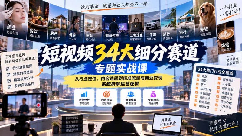短视频34大细分赛道专题实战课：从行业定位、内容选题到精准流量与商业变现，系统拆解运营逻辑-玻哥网络技术工作室