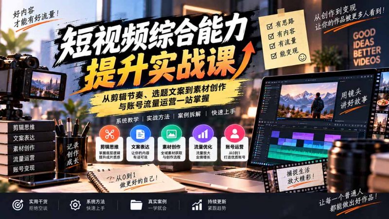 短视频综合能力提升实战课：从剪辑节奏、选题文案到素材创作与账号流量运营一站掌握-玻哥网络技术工作室