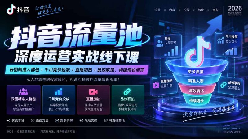 抖音流量池深度运营实战线下课｜云图精准人群包+千川竞价投放+直播加热+品效联投，构建增长闭环-玻哥网络技术工作室