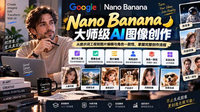 【无水印】Nano Banana大师级AI图像实战课：从提示词工程到图片编辑与角色一致性，掌握完整创作流程-玻哥网络技术工作室