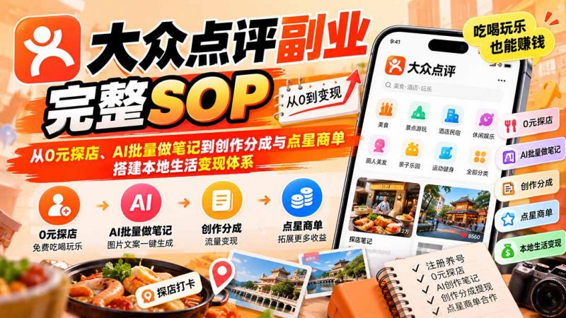 【无水印】大众点评副业完整SOP：从0元探店、AI批量做笔记到创作分成与点星商单，搭建本地生活变现体系-玻哥网络技术工作室