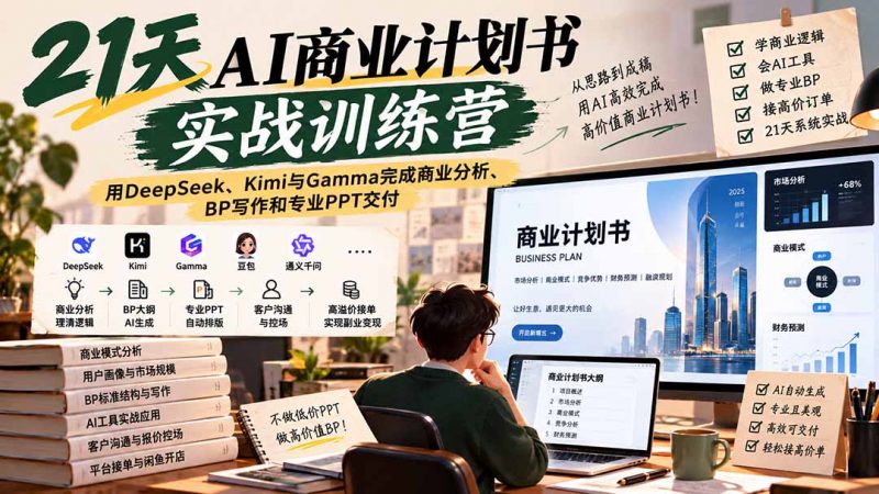 【无水印】21天AI商业计划书实战训练营：用DeepSeek、Kimi与Gamma完成商业分析、BP写作和专业PPT交付-玻哥网络技术工作室
