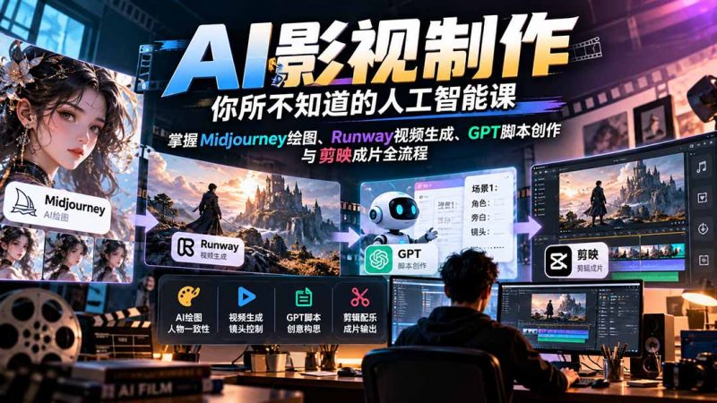 【无水印】AI影视制作-你所不知道的人工智能课，掌握Midjourney绘图、Runway视频生成、GPT脚本创作与剪映成片全流程-玻哥网络技术工作室