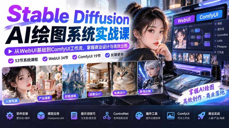 【无水印】Stable Diffusion AI绘图系统实战课：从WebUI基础到ComfyUI工作流，掌握商业设计与高效出图-玻哥网络技术工作室