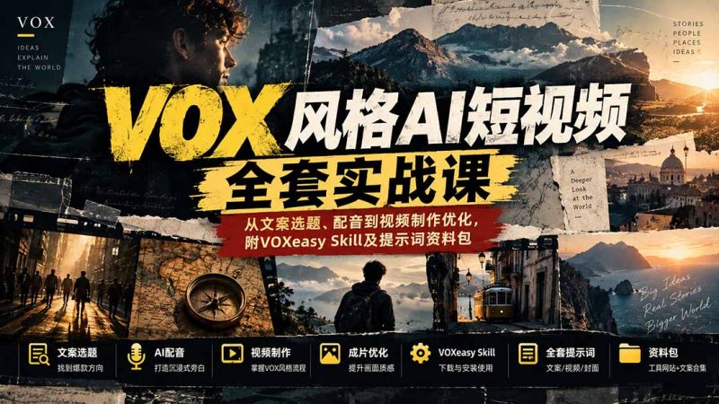 【无水印】VOX风格AI短视频全套实战课：从文案选题、配音到视频制作优化，附VOXeasy Skill及提示词资料包-玻哥网络技术工作室
