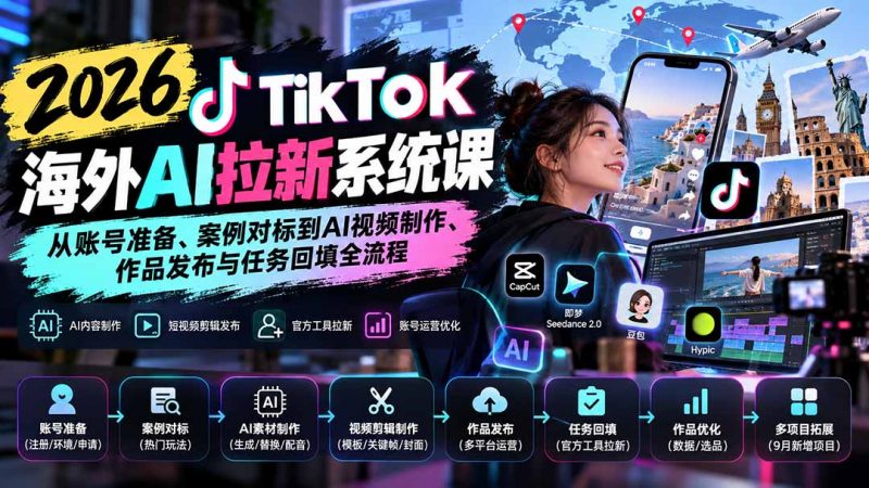 【无水印】2026 TikTok海外AI拉新系统课：从账号准备、案例对标到AI视频制作、作品发布与任务回填全流程-玻哥网络技术工作室