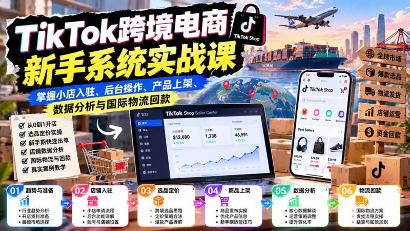 TikTok跨境电商新手系统实战课：掌握小店入驻、后台操作、产品上架、数据分析与国际物流回款-玻哥网络技术工作室