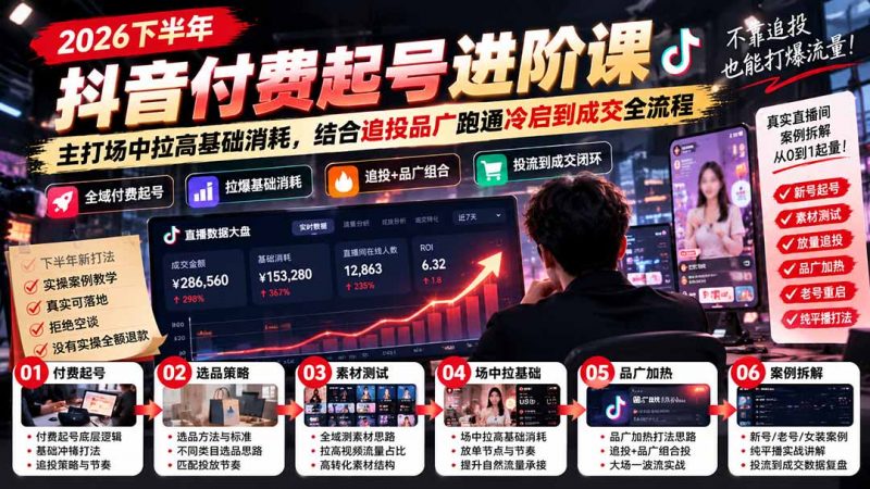 2026下半年抖音付费起号进阶课：主打场中拉高基础消耗，结合追投品广跑通冷启到成交全流程-玻哥网络技术工作室