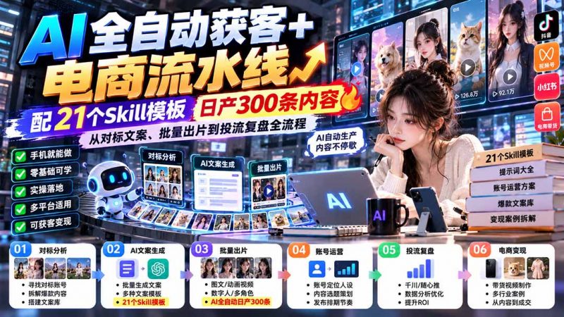 【无水印】AI全自动获客+电商流水线：配21个Skill模板，日产300条内容，从对标文案、批量出片到投流复盘全流程-玻哥网络技术工作室