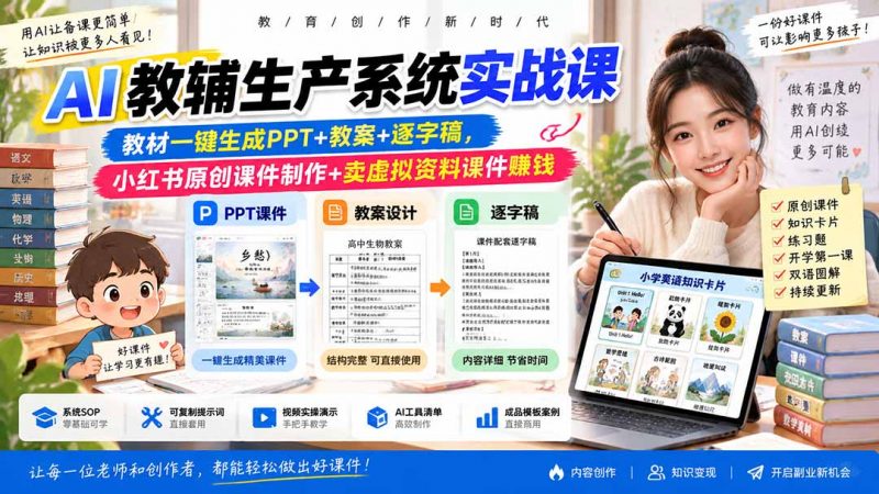 AI教辅生产系统实战课-更新0926｜教材一键生成PPT+教案+逐字稿，小红书原创课件制作+卖虚拟资料课件赚钱-玻哥网络技术工作室