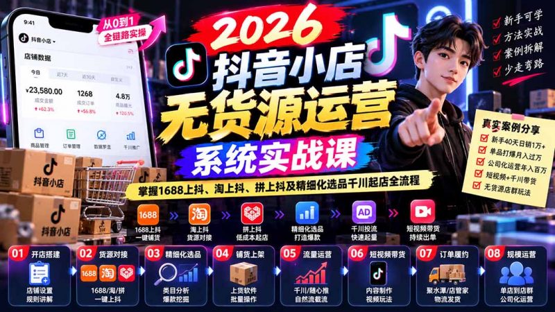 【无水印】2026抖音小店无货源运营系统实战课：掌握1688上抖、淘上抖、拼上抖及精细化选品千川起店全流程-玻哥网络技术工作室