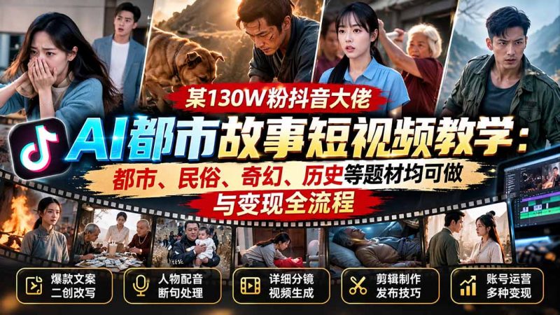 某130W粉抖音大佬AI都市故事短视频教学：都市、民俗、奇幻、历史等题材均可做与变现全流程-玻哥网络技术工作室